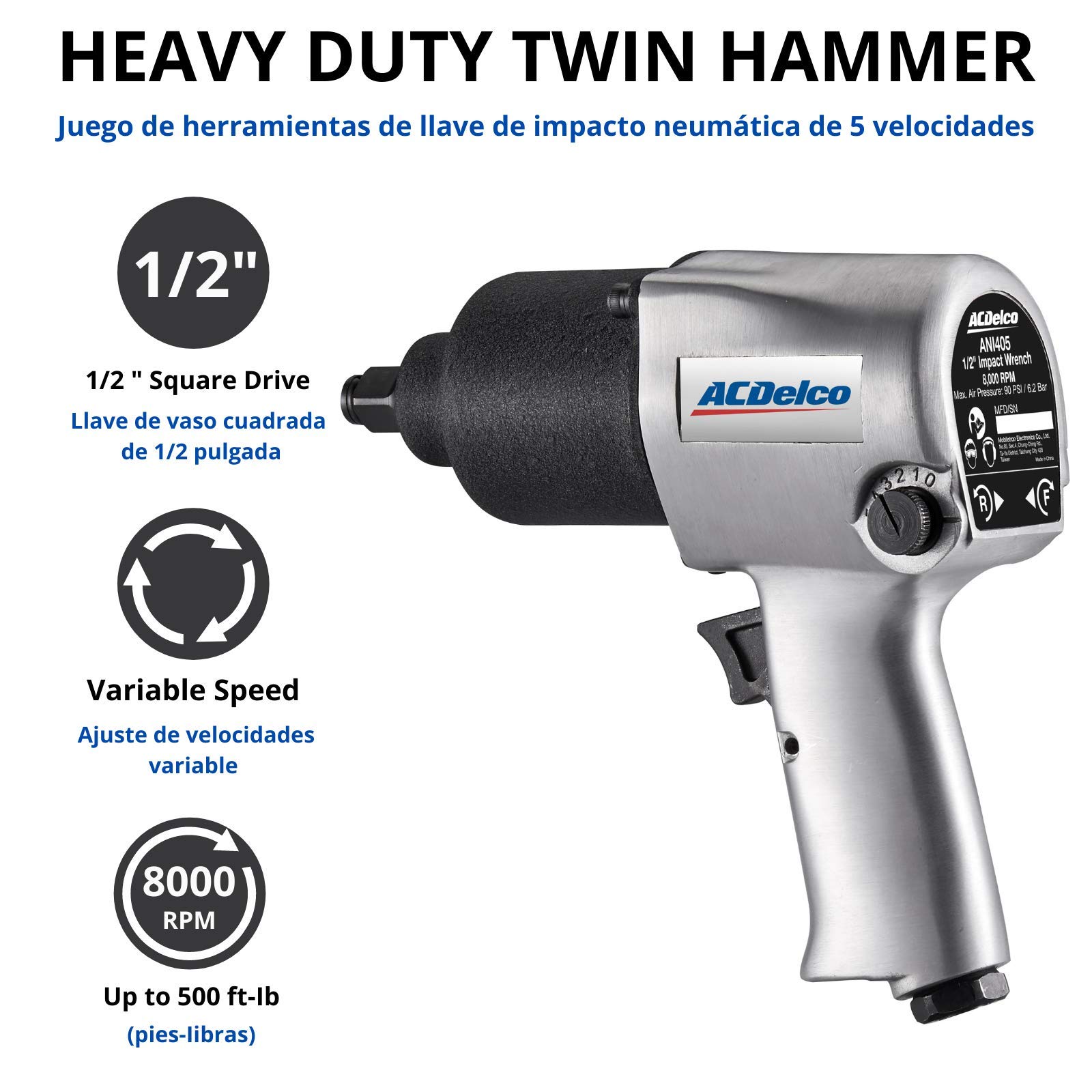ACDelco ANI405A Heavy Duty Twin Hammer ½” 500 ft-lbs. 5-Speed Pneumatic Impact Wrench Tool Kit - Image 6