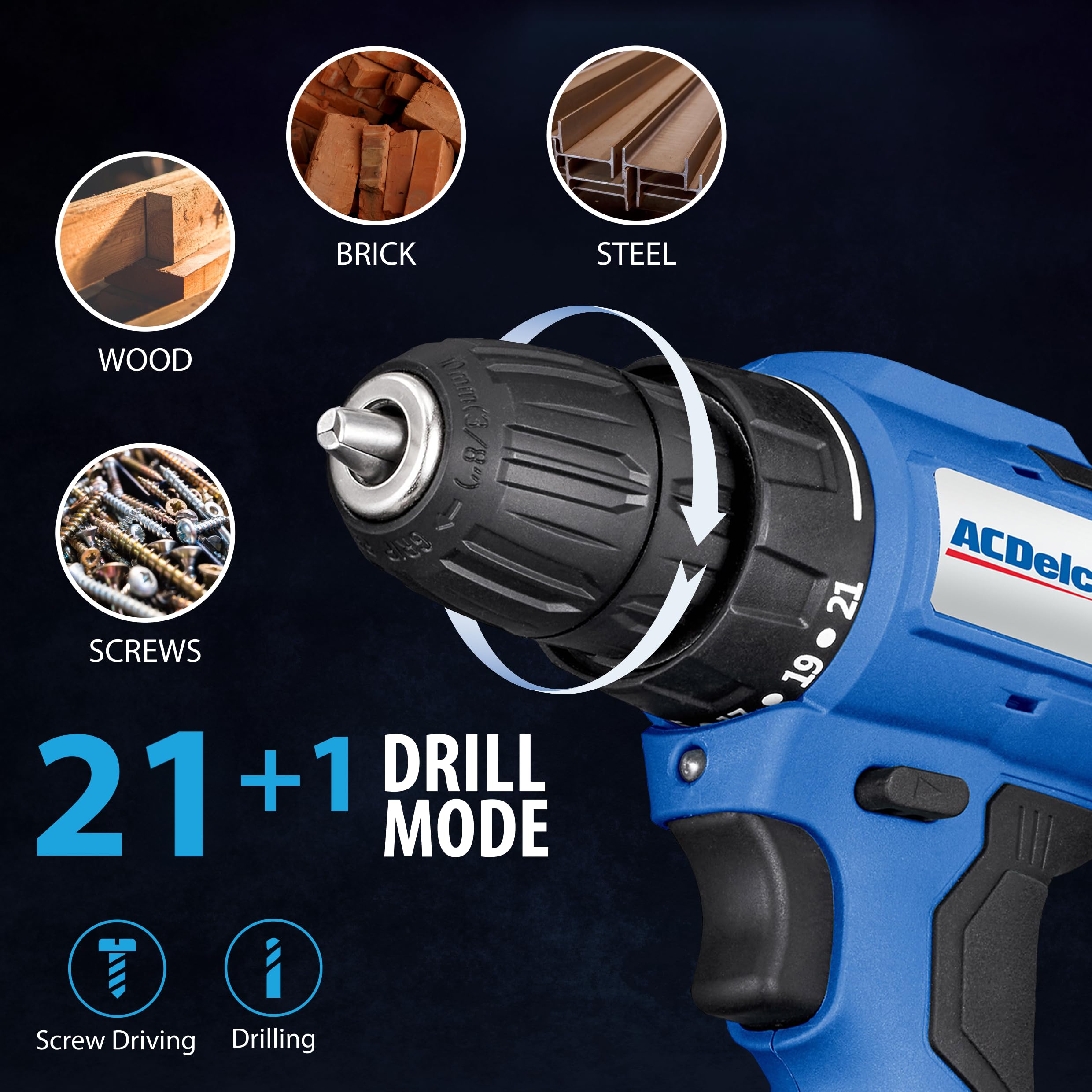 ACDelco ARD20137P 20V Cordless Drill Set, Power Drill Kit with Battery and Charger, 2 Variable Speed, 21Position, 400 In-lb Torque, Electric Power Drill, Driver Bits - Image 3