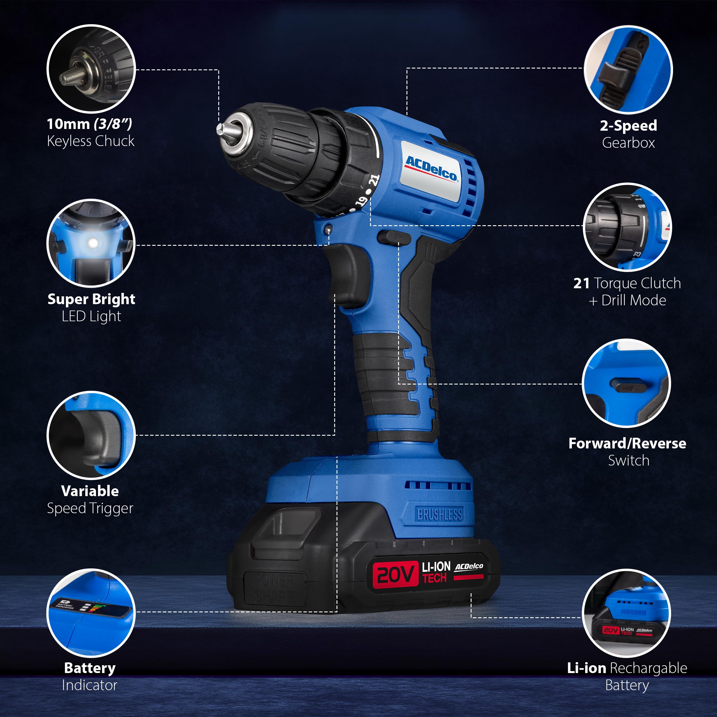 ACDelco ARD20137P 20V Cordless Drill Set, Power Drill Kit with Battery and Charger, 2 Variable Speed, 21Position, 400 In-lb Torque, Electric Power Drill, Driver Bits - Image 4