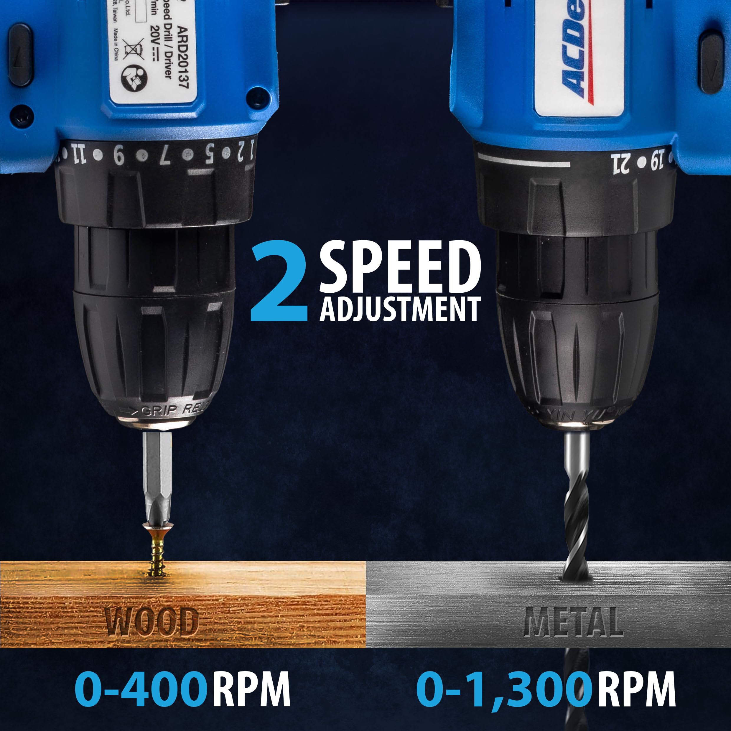 ACDelco ARD20137P 20V Cordless Drill Set, Power Drill Kit with Battery and Charger, 2 Variable Speed, 21Position, 400 In-lb Torque, Electric Power Drill, Driver Bits - Image 5