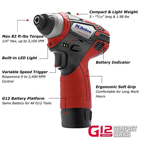 ACDelco ARI12105P G12 Series 12V Cordless Li-ion ¼” 82 ft-lbs. Impact Driver Tool Kit - Image 2