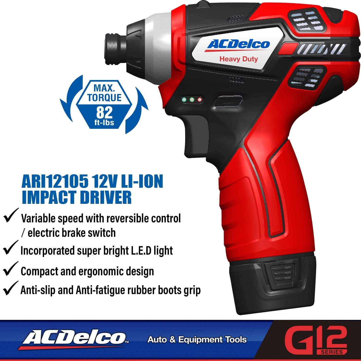 ACDelco ARI12105P G12 Series 12V Cordless Li-ion ¼” 82 ft-lbs. Impact Driver Tool Kit - Image 3