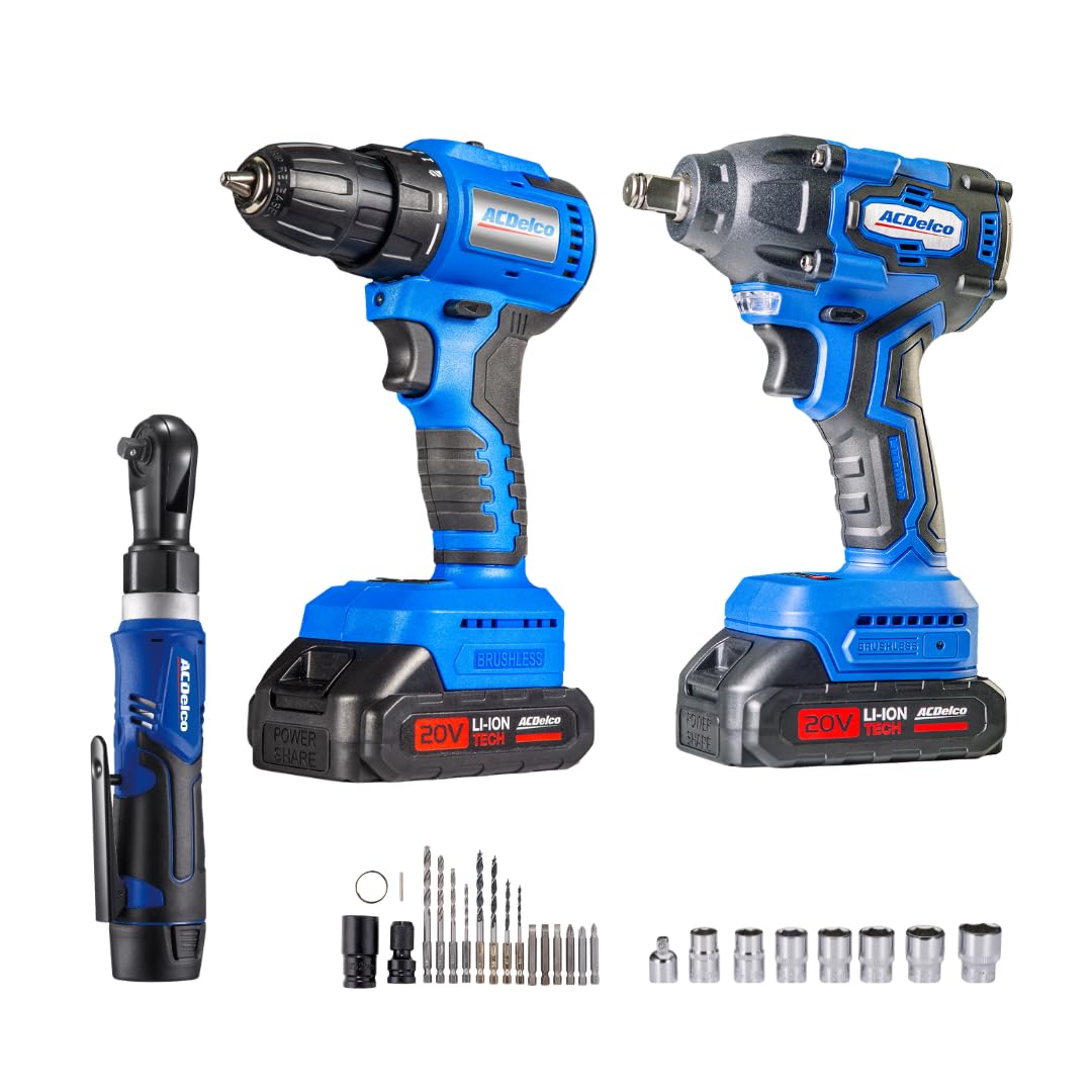 ACDelco ARI20132-K2 3-Tool Automotive Combo Kit 20V Brushless 1/2" Impact Wrench (251 Ft-lbs) & Drill Driver + G12 Series 12V 3/8" Cordless Ratchet Wrench Set, Includes Batteries & Chargers