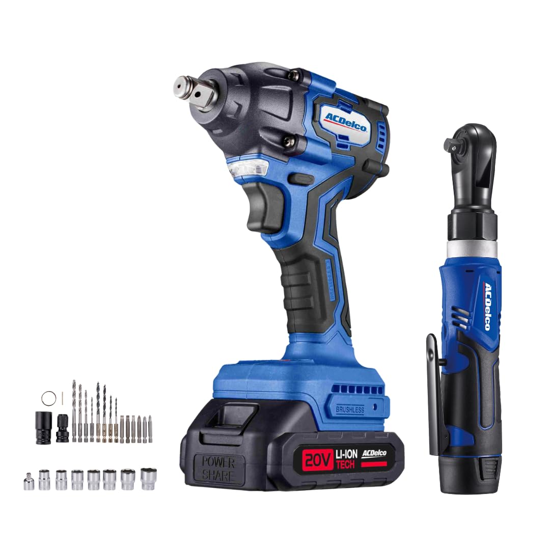 ACDelco ARI20132P-K3 20V Brushless 1/2" Impact Wrench (251 Ft-lbs, 3-in-1 Tool) & G12 Series 12V 3/8" Cordless Ratchet Combo Kit with 14-Piece Drill Bit Set