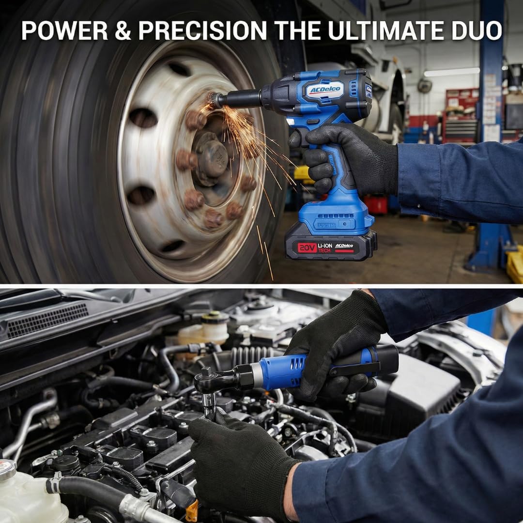 ACDelco ARI20132-K2 3-Tool Automotive Combo Kit 20V Brushless 1/2" Impact Wrench (251 Ft-lbs) & Drill Driver + G12 Series 12V 3/8" Cordless Ratchet Wrench Set, Includes Batteries & Chargers - Image 6