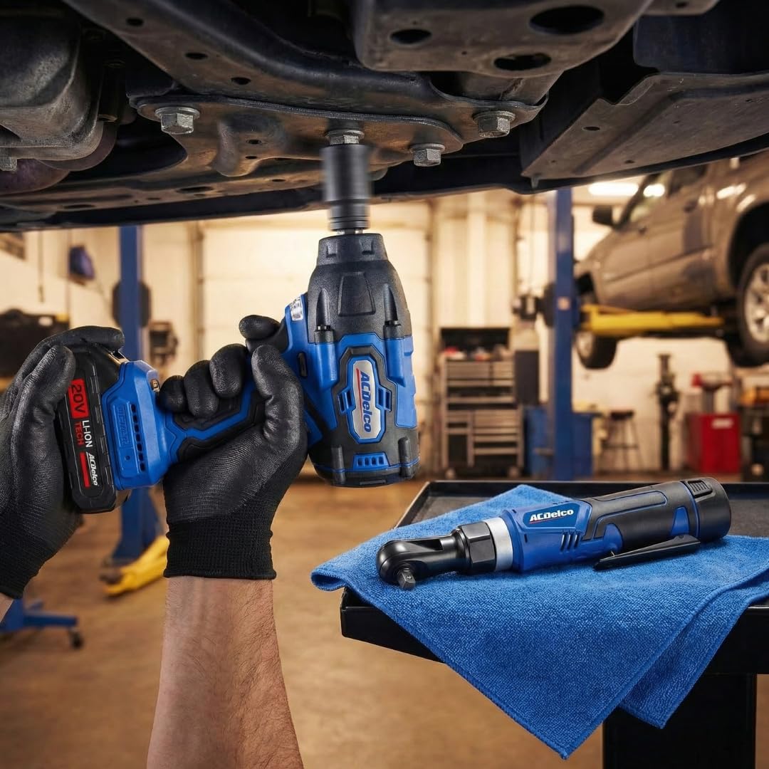 ACDelco ARI20132-K2 3-Tool Automotive Combo Kit 20V Brushless 1/2" Impact Wrench (251 Ft-lbs) & Drill Driver + G12 Series 12V 3/8" Cordless Ratchet Wrench Set, Includes Batteries & Chargers - Image 7