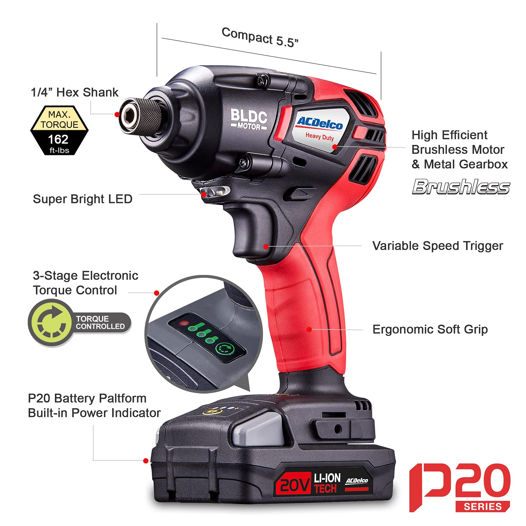 ACDelco ARI20173-PM P20 Series 20V Cordless Li-ion 1/4” 162 ft-lbs. Heavy Duty Brushless Impact Driver Tool Kit - Image 2