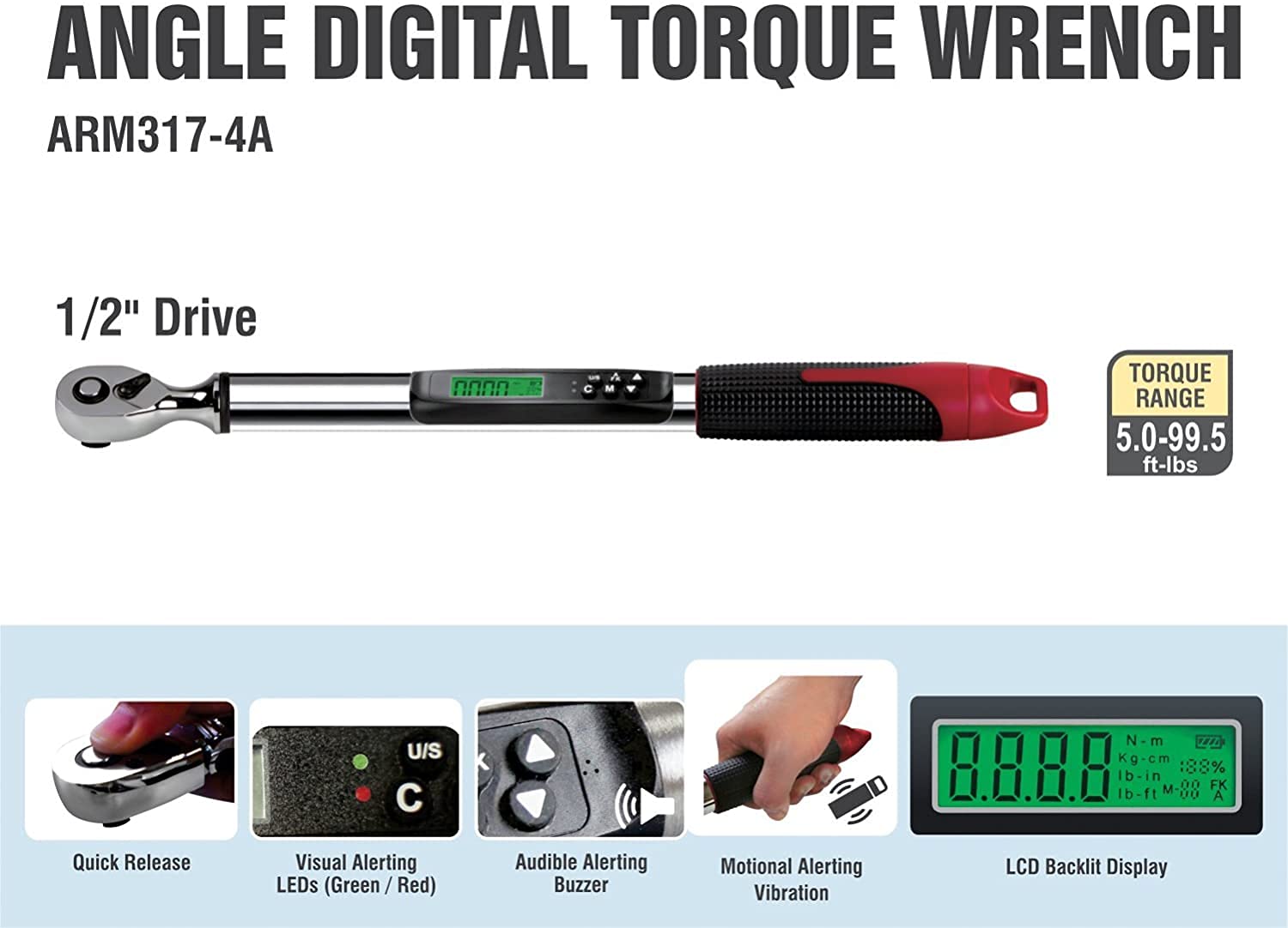 ACDelco ARM317-4A 1/2" Heavy Duty Angle Digital Torque Wrenches, Electronic Torque Wrench (1/2" 5.0 to 99.5 ft-lbs.) ISO 6789 Standards with Certificate of Calibration - Image 2