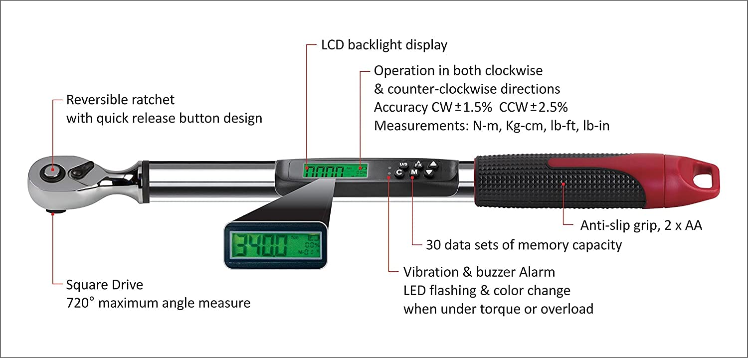 ACDelco ARM317-4A 1/2" Heavy Duty Angle Digital Torque Wrenches, Electronic Torque Wrench (1/2" 5.0 to 99.5 ft-lbs.) ISO 6789 Standards with Certificate of Calibration - Image 3