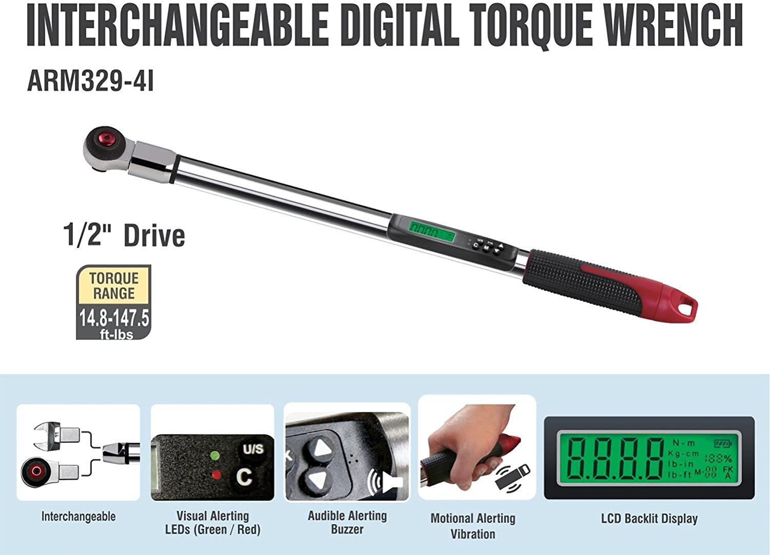 ACDelco ARM329-4i 1/2" Heavy Duty Interchangeable Digital Torque Wrench with Buzzer and LED Flash Notification - ISO 6789 Standards with Certificate of Calibration - Image 5
