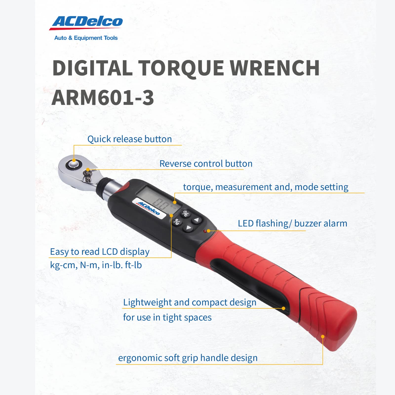 ACDelco ARM601-3 3/8” (3.7 to 37 ft-lbs.) Digital Torque Wrench with Buzzer and LED Flash Notification – ISO 6789 Standards with Certificate of Calibration - Image 3