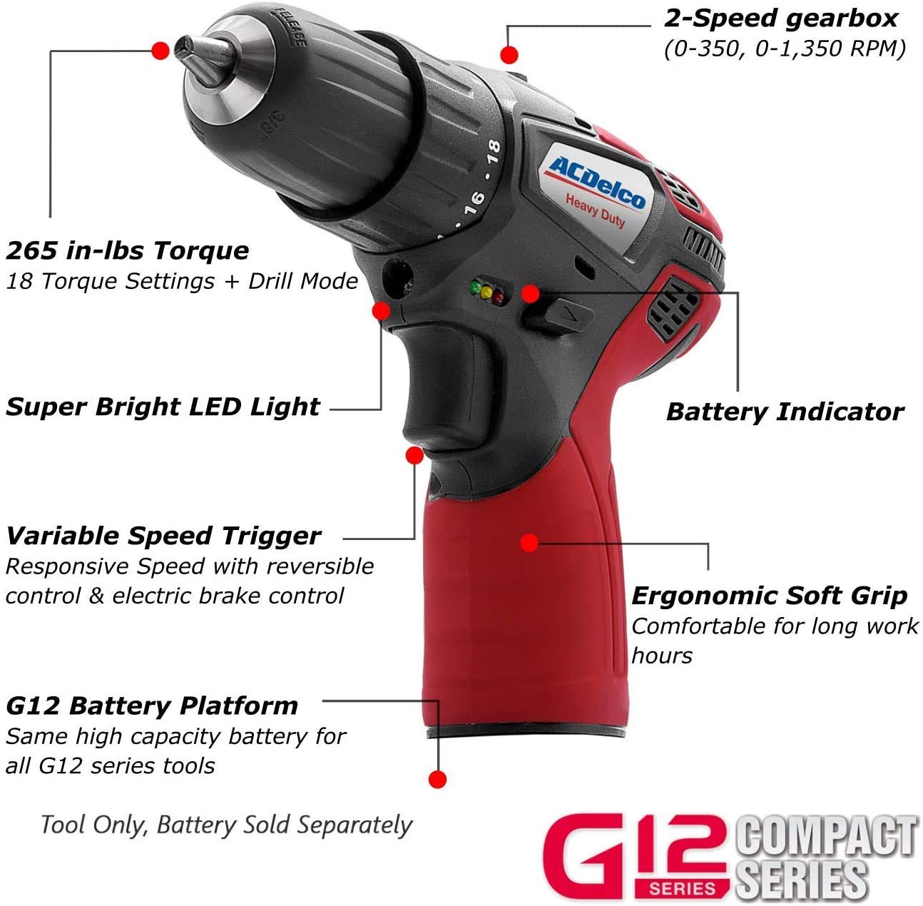 ACDelco ARW1209-K16 G12 Series 12V Li-ion Cordless 3/8” Rachet Wrench & Compact Drill Driver Combo Tool Kit - Image 4