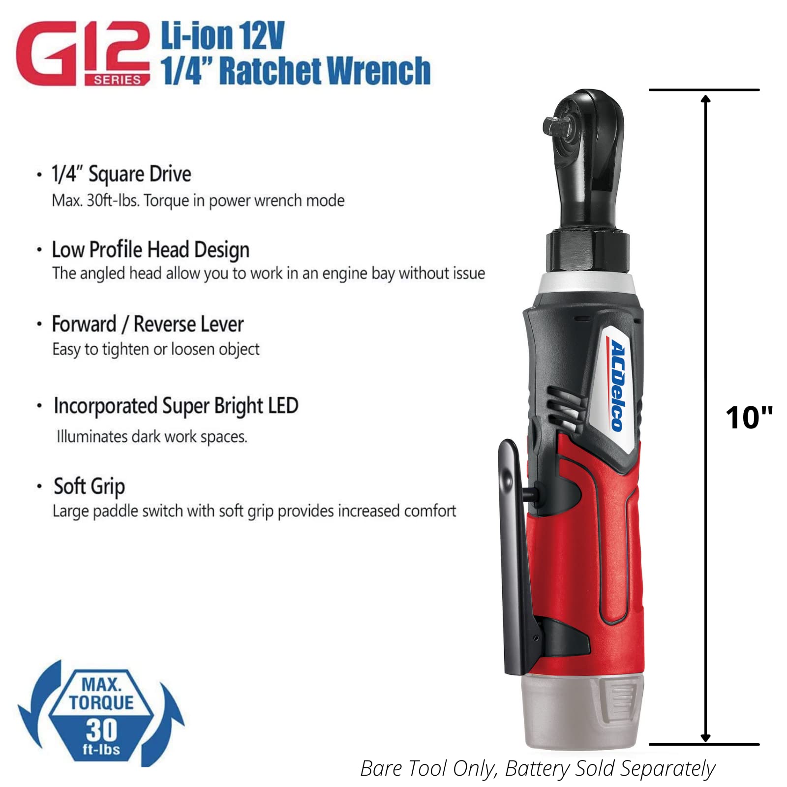 ACDelco ARW1209-K9 G12 Series 12V Lithium-Ion Battery And Charger Cordless 1/4” & 3/8” Ratchet Wrench Combo Tool Kit with Canvas Bag - Image 4
