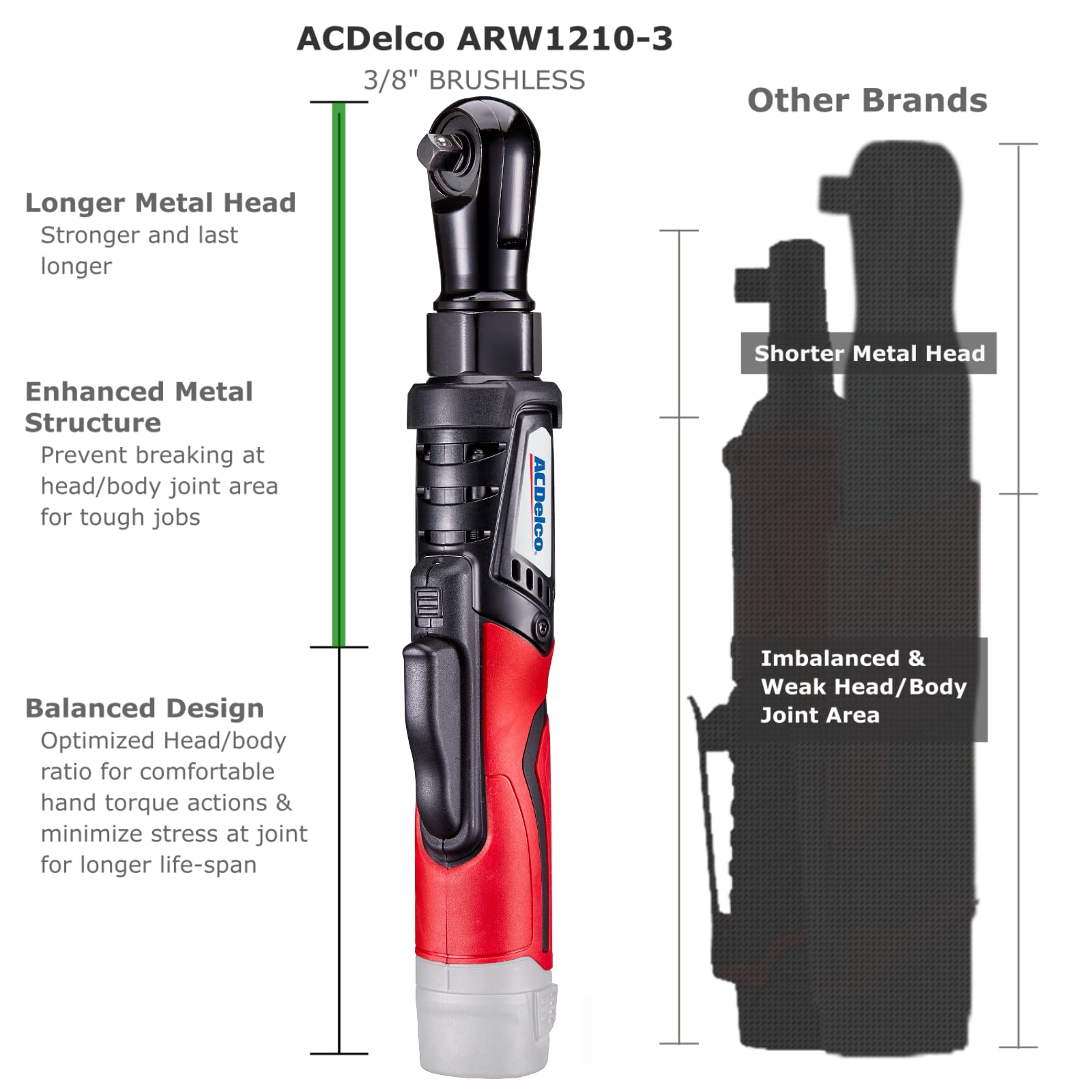 ACDelco ARW1210-3T G12 3/8" 12V Cordless 65 ft-lbs. Brushless Ratchet Wrench - Bare Tool Only - Image 3