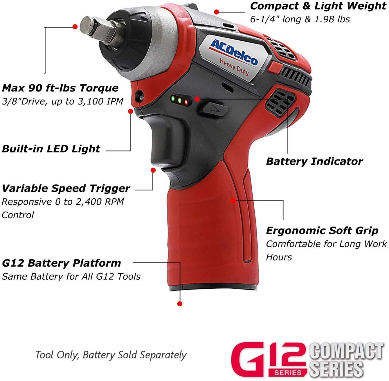 ACDelco ARW12103-K1 G12 Series 12V Cordless Li-ion 3/8” Brushless Ratchet Wrench & Impact Wrench Combo Tool - Image 3