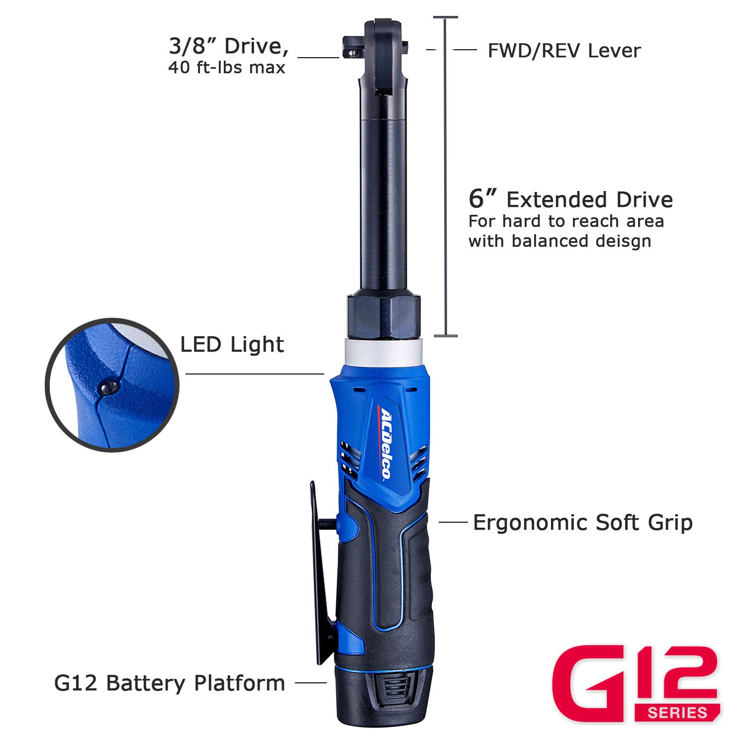 ACDelco ARW1218-K18 G12 Series 12V Li-ion Cordless 3/8” Extended Rachet Wrench & ¼” Ratchet Wrench Combo Tool Kit - Image 3