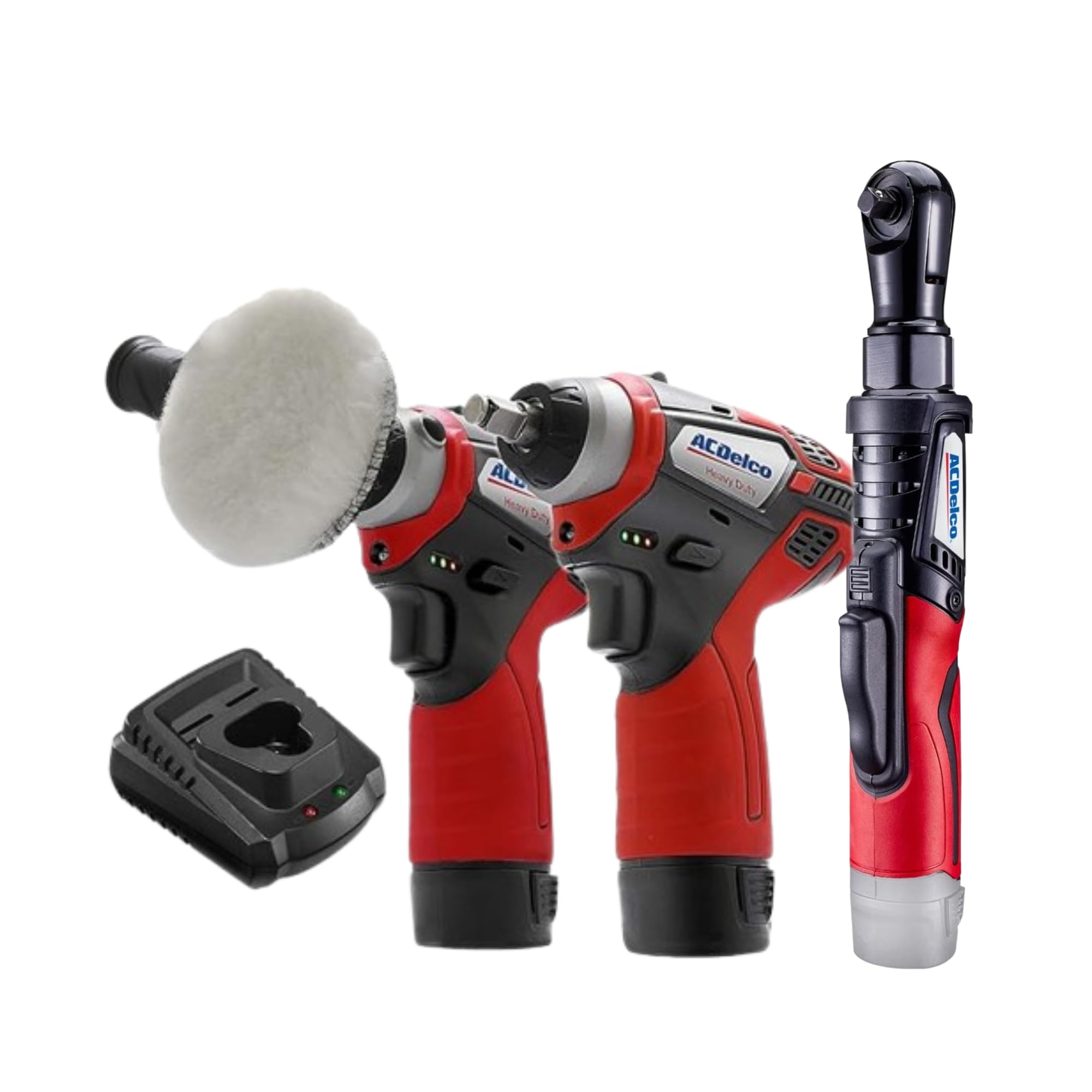ACDelco G12 12V Cordless Combo Kit – Mini Polisher, 3/8" Impact Wrench (90 ft-lbs), Ratchet Wrench (55 ft-lbs) with 2 Li-Ion Batteries & Fast Charger, Auto Repair & DIY Tools