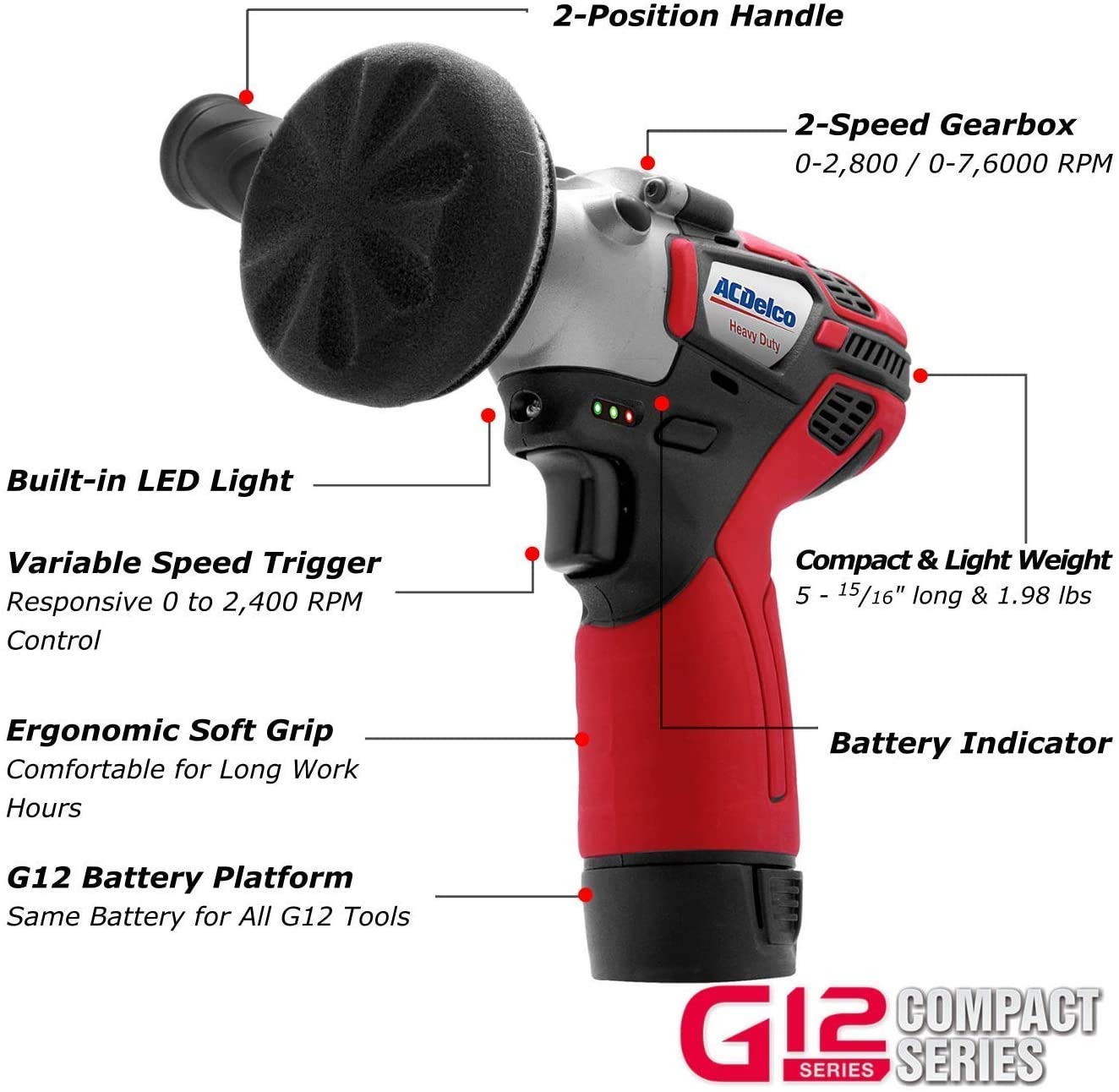 ACDelco G12 12V Cordless Combo Kit – Mini Polisher, 3/8" Impact Wrench (90 ft-lbs), Ratchet Wrench (55 ft-lbs) with 2 Li-Ion Batteries & Fast Charger, Auto Repair & DIY Tools - Image 4