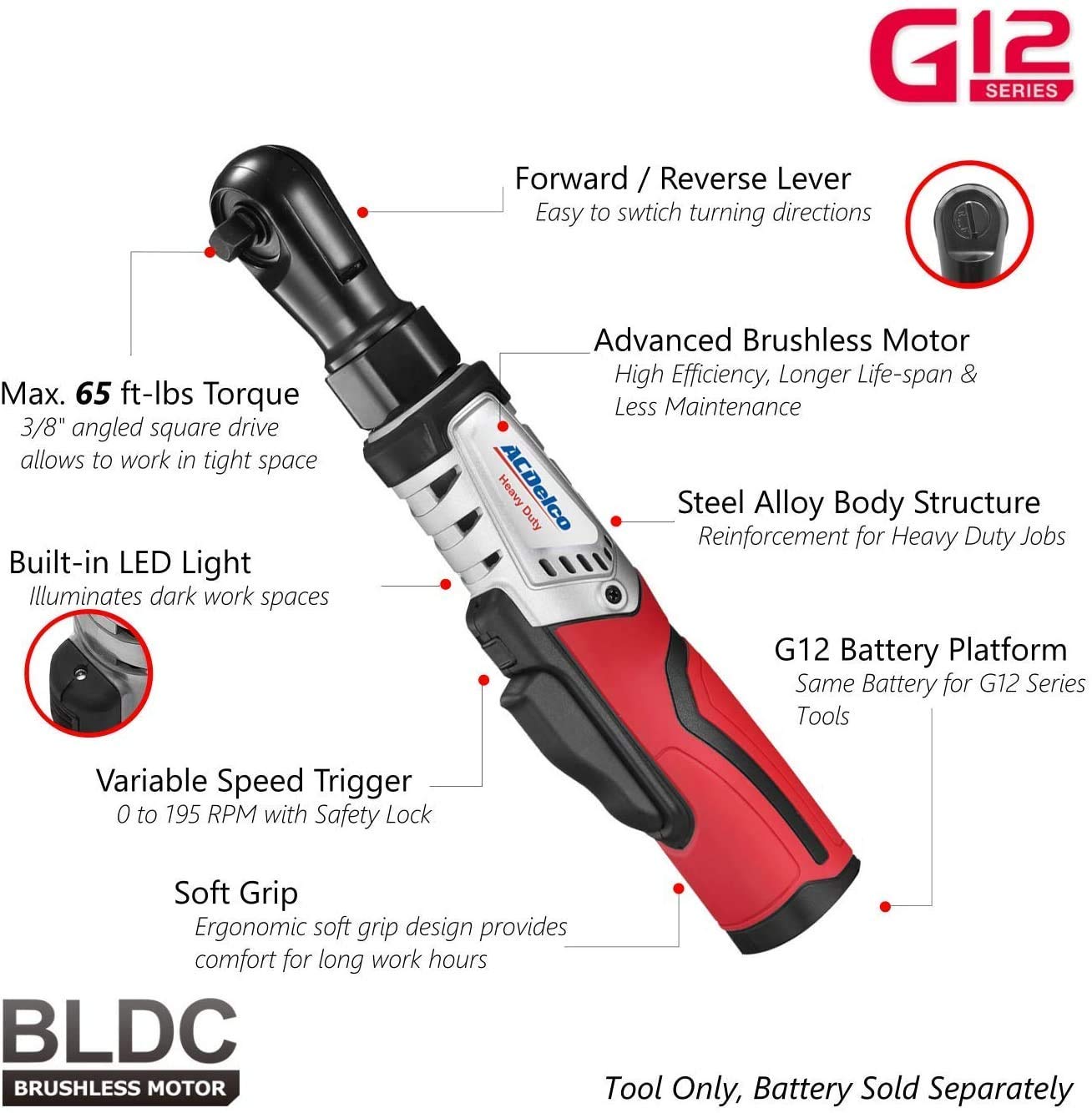 ACDelco G12 Series 12V Cordless Combo Kit: 3/8" Brushless Ratchet Wrench & 1/4" Impact Driver - Includes 2.0Ah Battery & Charger ARW12103-K2 - Image 2
