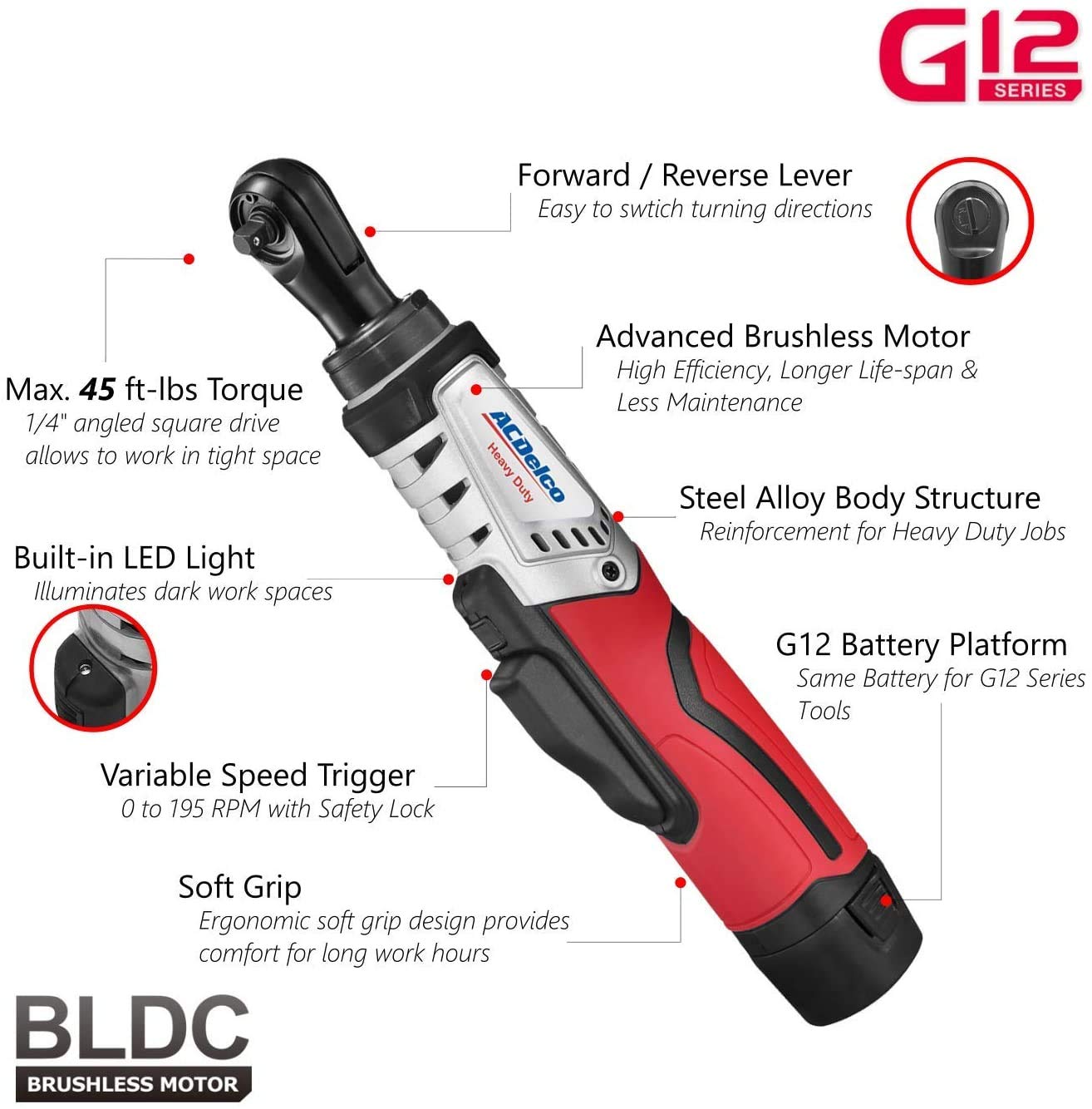ACDelco G12 Series 2-Tool Combo Kit- 1/4" & 3/8" Brushless Ratchet Wrench, ARW12103-K8 - Image 2