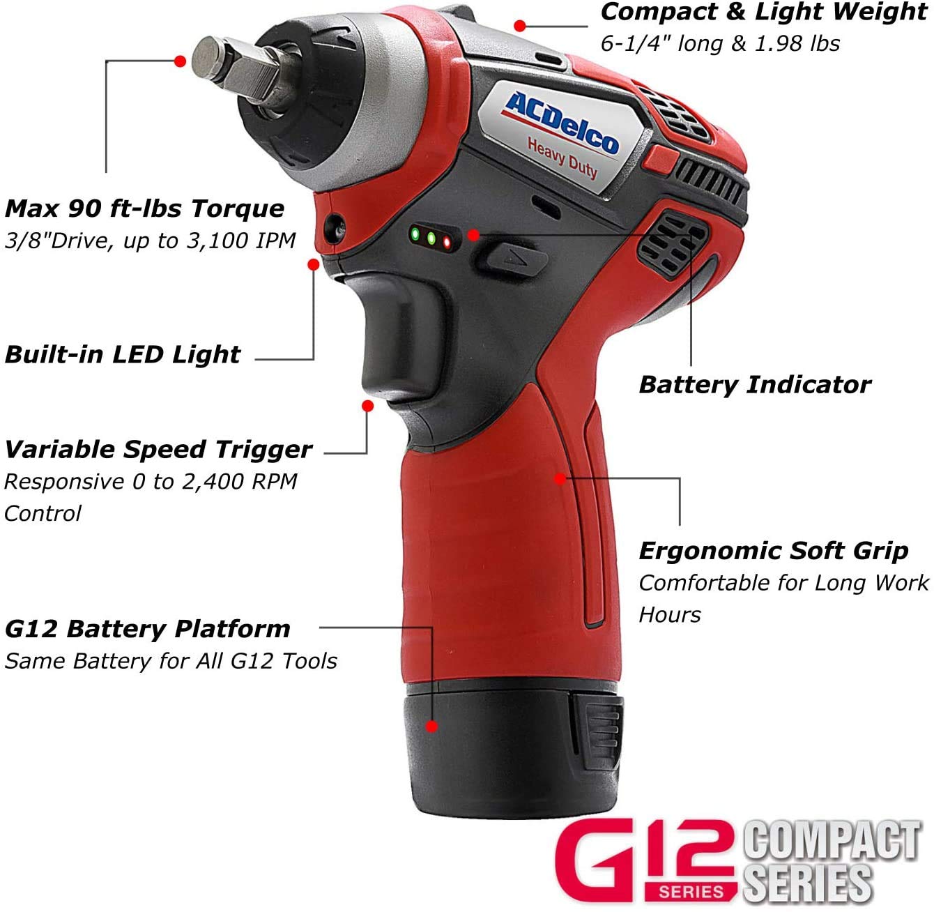 ACDelco G12 Series 3-Tool Combo, 3/8" Brushless Ratchet Wrench & 2-speed Polisher & 3/8" Impact Wrench, 2-battery, ARW1208-K13 - Image 6