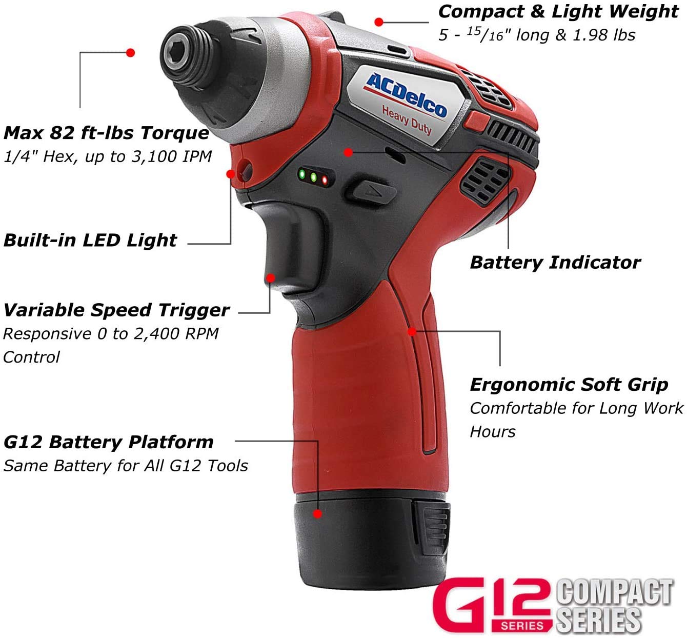 ACDelco G12 Series 3-Tool Cordless Combo 3/8" Brushless Ratchet Wrench + 2-Speed Drill/Driver+ Impact Driver, 2-battery, ARW12103-K11 - Image 4