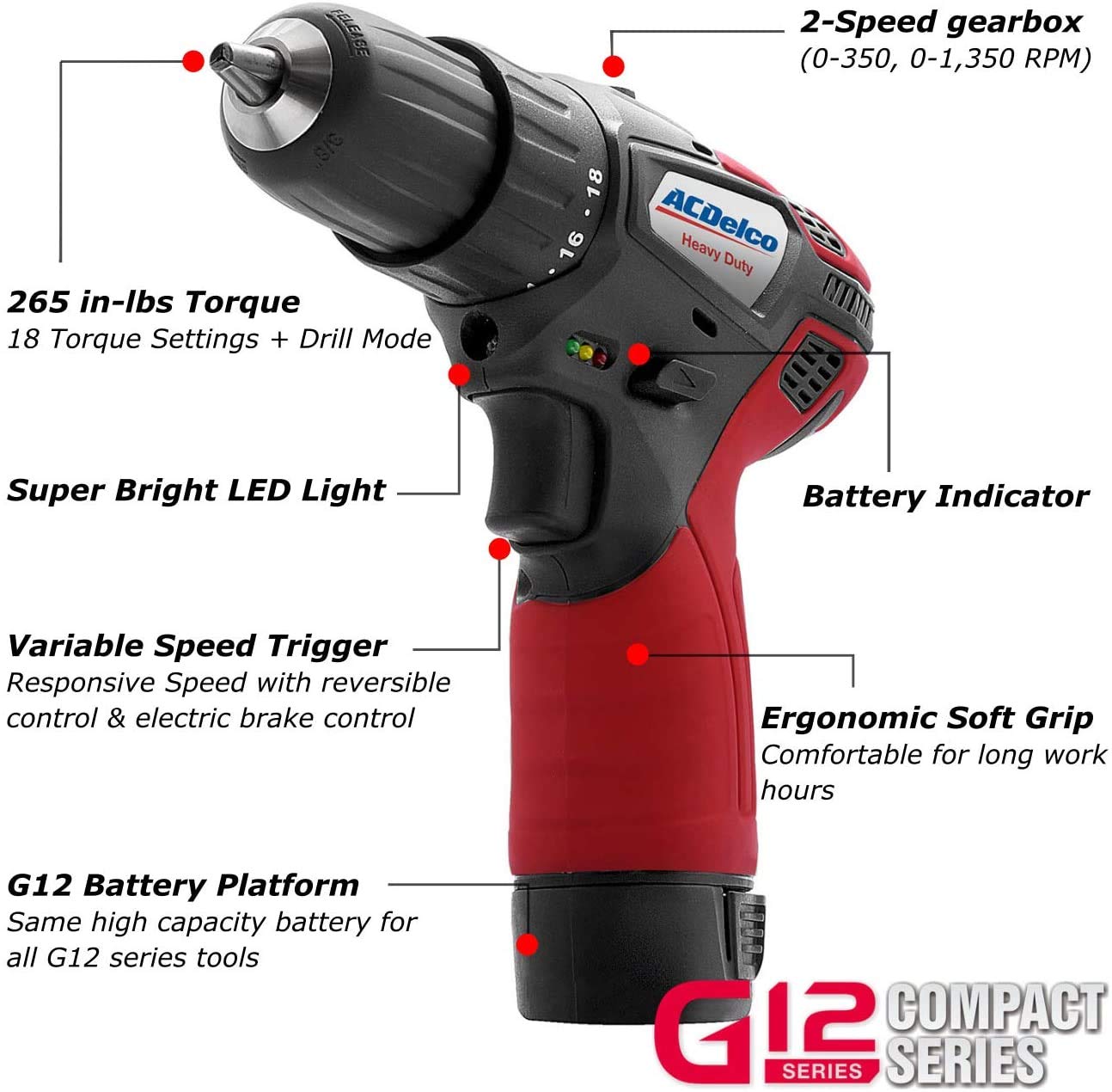 ACDelco G12 Series 3-Tool Cordless Combo 3/8" Brushless Ratchet Wrench + 2-Speed Drill/Driver+ Impact Driver, 2-battery, ARW12103-K11 - Image 5