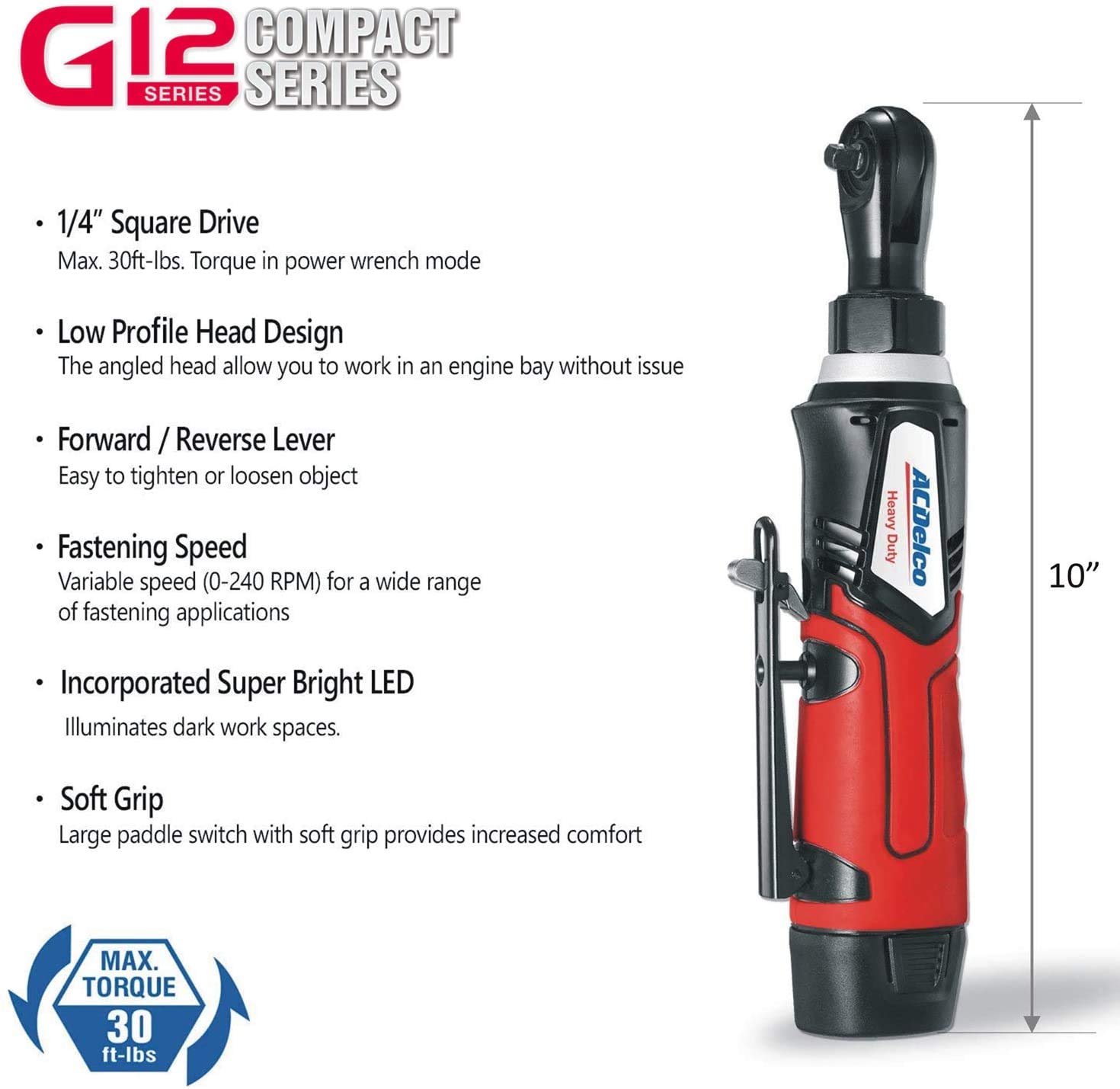 ACDelco Tools ARW1209-K92 G12 Series 12V Li-ion Cordless ¼” & 3/8” Ratchet Wrench Combo Tool Kit with 2 Batteries and Canvas Bag - Image 4
